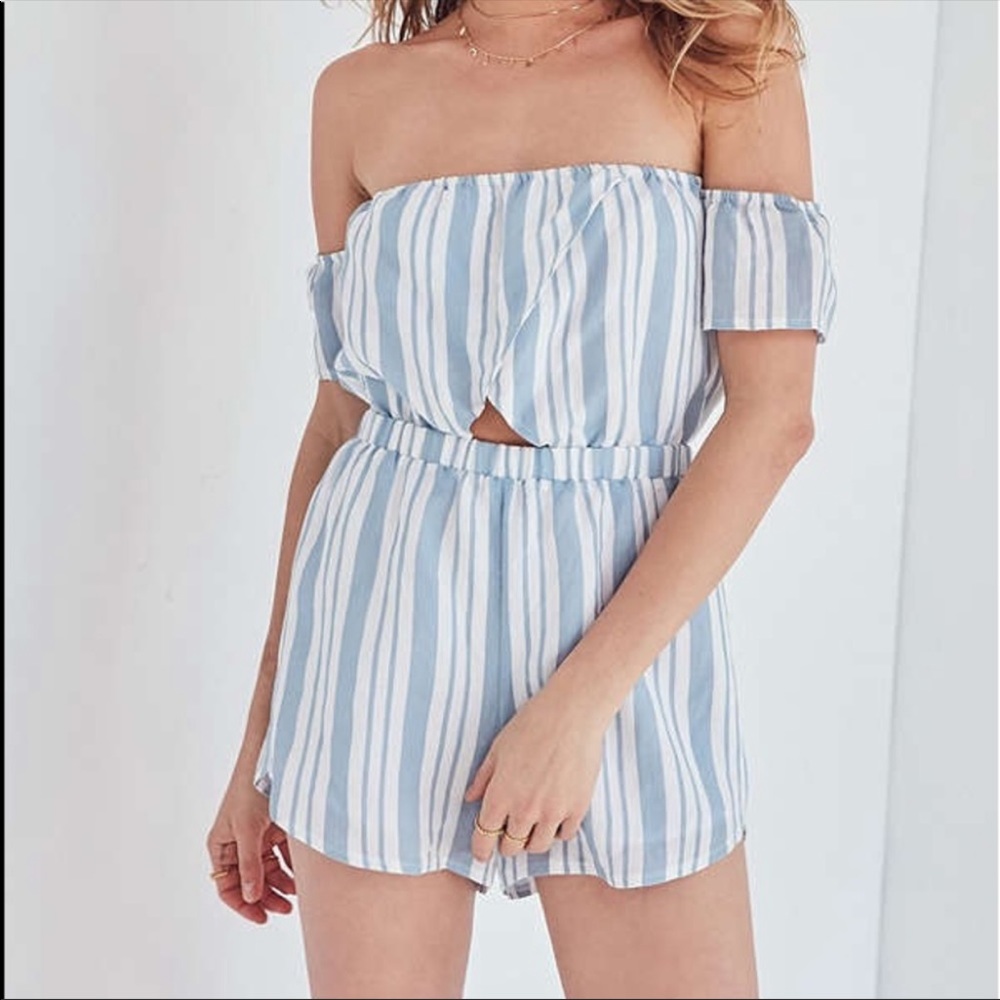 Blue/White Off the Shoulder Romper by Kimchi Blue